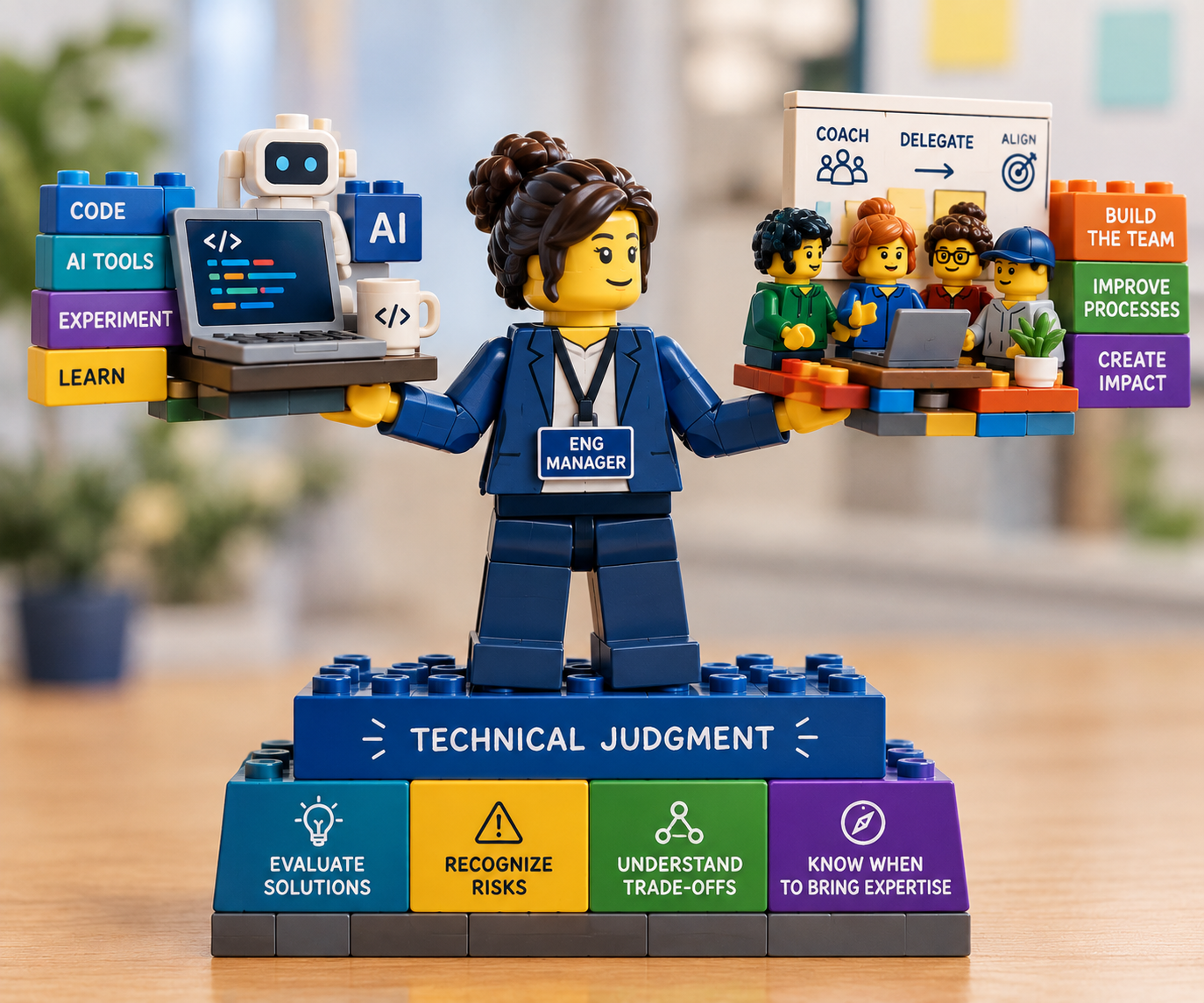LEGO figure of an engineering manager balancing coding and AI tools on one hand against coaching and team-building on the other, standing on a base labeled Technical Judgment