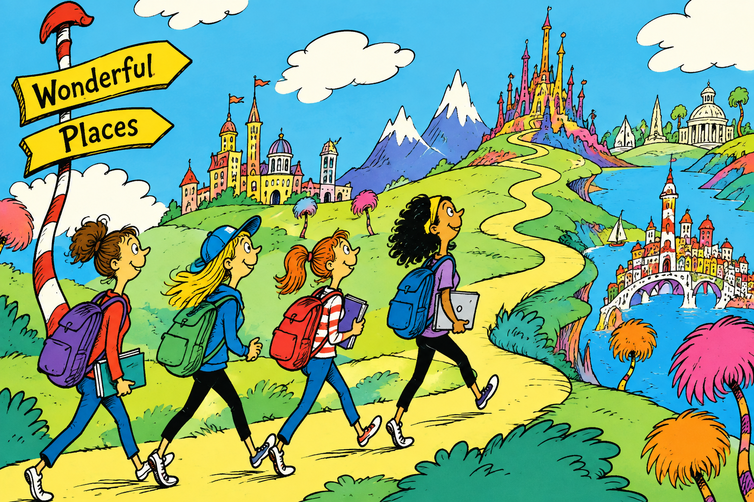 Four students with backpacks walking a winding path toward colorful castles, past a Dr. Seuss-style signpost reading Wonderful Places