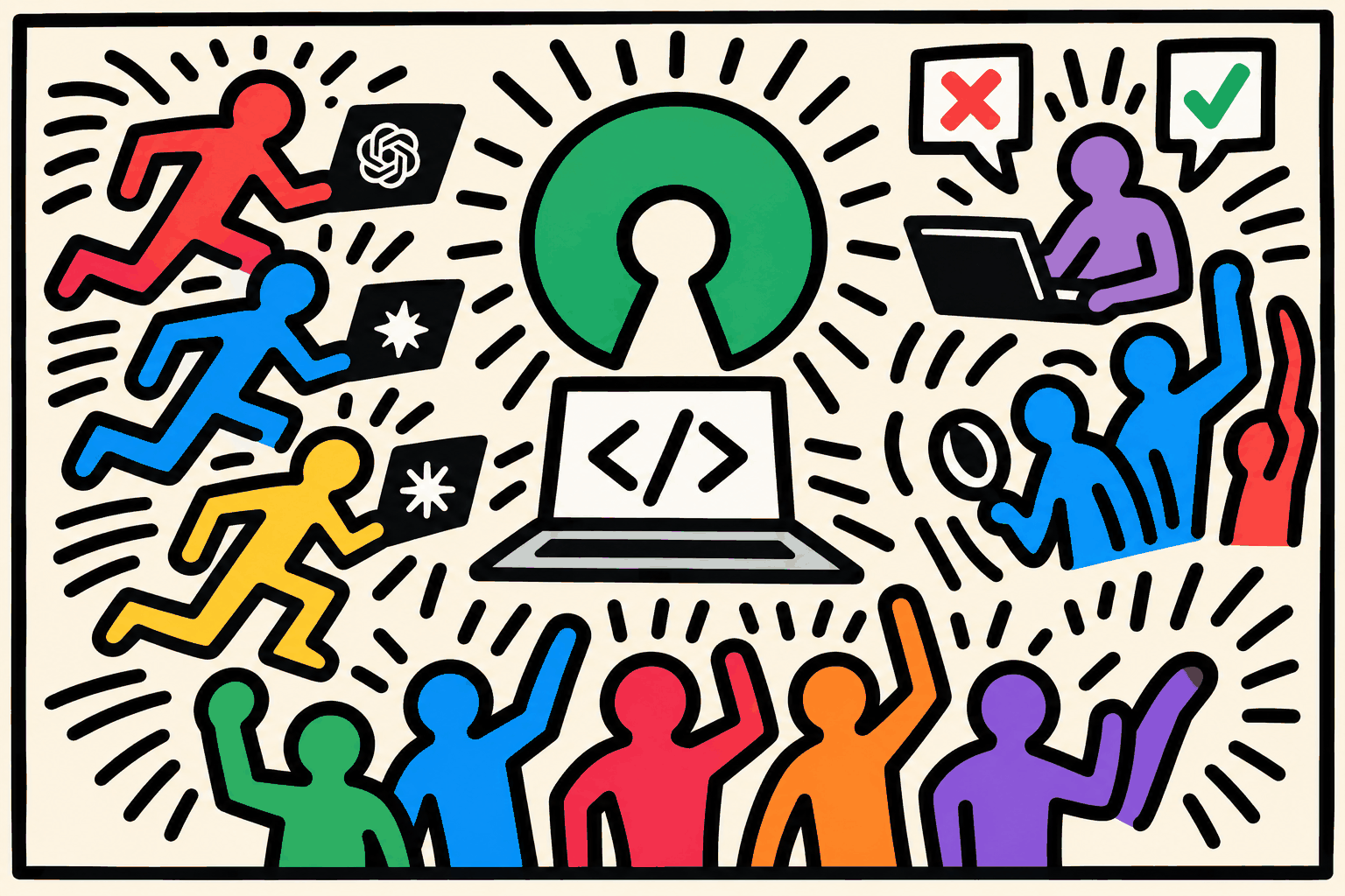 Keith Haring-style illustration of figures running toward a laptop with code, carrying laptops with AI logos, under an open source logo, while a reviewer gives a cross and a check and a crowd watches